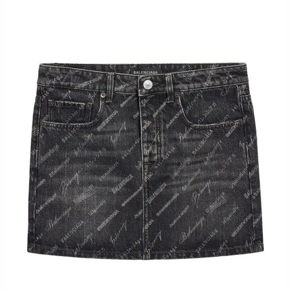 NWT Balenciaga Logomania Mini Skirt Black Denim Allover Logo Print Fitted - Picture 1 of 13